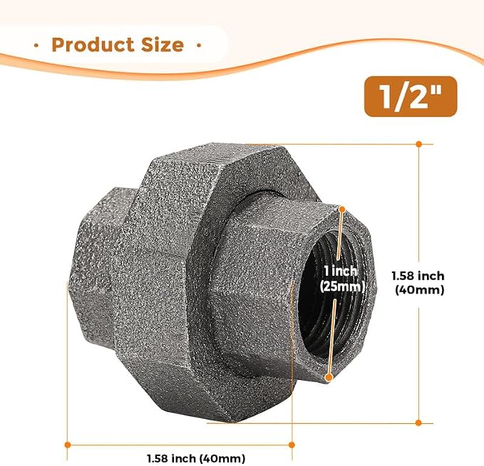 1/2" Pipe Fittings Union Home Expert 10 Pack Malleable Cast Iron Pipe Union | - Image 3