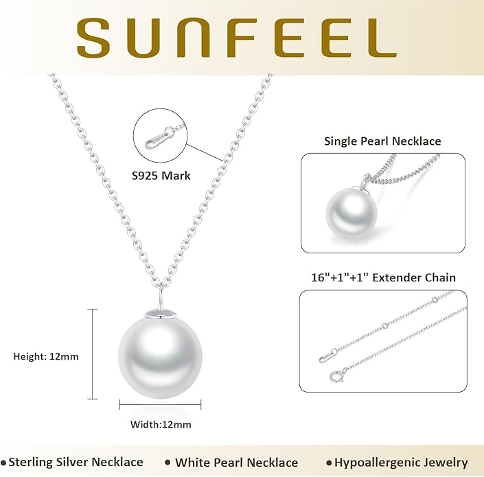 SUNFEEL 925 Sterling Silver Pearl Necklaces for women 14K Gold Plated 5A CZ 10MM/12MM Single Pearl Pendant Necklace Gifts for Her Mom Wife Girlfriend Engagement Wedding Birdal Christmas Trendy Jewelry