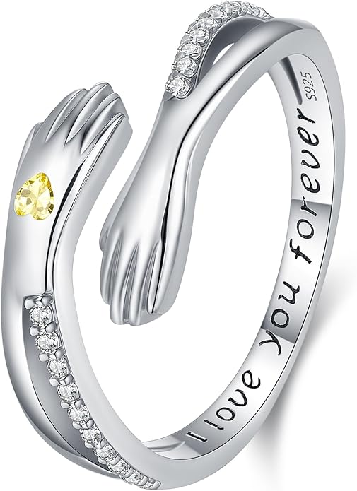 Hug Rings for Women Birthstone Hug Rings 925 Sterling Silver Adjustable Hand Ring Open Jewelry Daughter Gifts From Mom Mother Teens Mother's Day Amavive