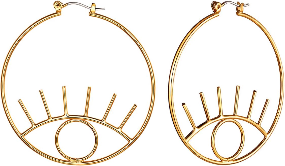 FOCALOOK Gold Eye Earrings for Women 14K Gold Plated Dangle Abstract Evil Eye Hoop Earrings