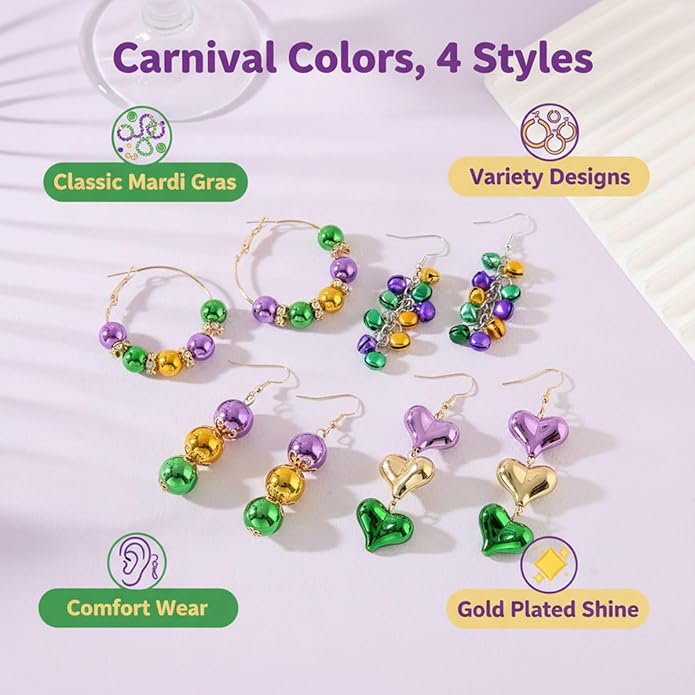 4 Pairs Mardi Gras Earrings Set Carnival Dangle Drop Earrings Purple Green Yellow Round Heart Beaded Party Festival Jewelry for Women
