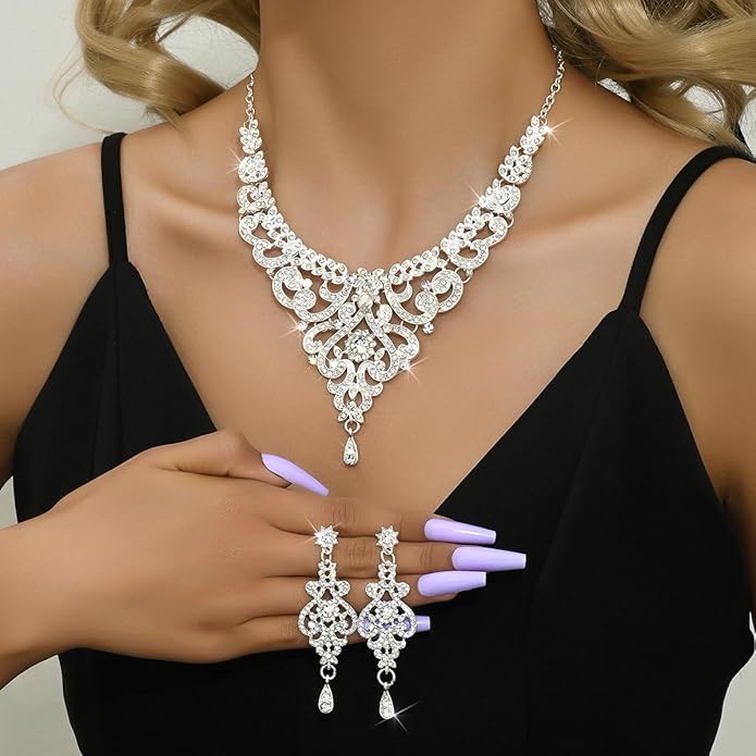 Silver Gold Plated Wedding Jewelry Sets Bridal Necklace Rhinestone Earrings Bracelets