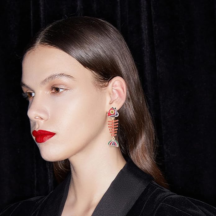 Creative Exaggerated Long Colorful Sparkly Crystal Fish Bone Dangle Drop Earrings Vintage Gold Cute Enamel Diamond Animal metal Stud Earrings