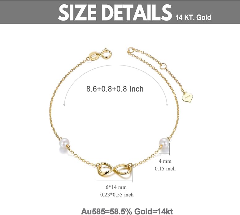 SISGEM 14k Gold Infinity Anklets for Women, Real Pearl Love Knot Ankle Bracelet Jewelry Gifts for Her, 8.6-10.2 Inch