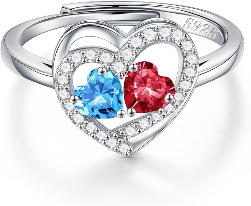 Iefil Adjustable Ring for Women - 925 Sterling Silver Double Birthstone Rings, Anniversary Birthday Gifts for Women Wife Her