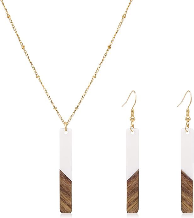 Bar Necklace Earrings for Women 16K Gold Plated Trendy Geometric Jewelry Set Boho Lightweight Wooden Resin Bar Pendant Necklace Dangle Earring Set,Gift for Her,Mom,Wife