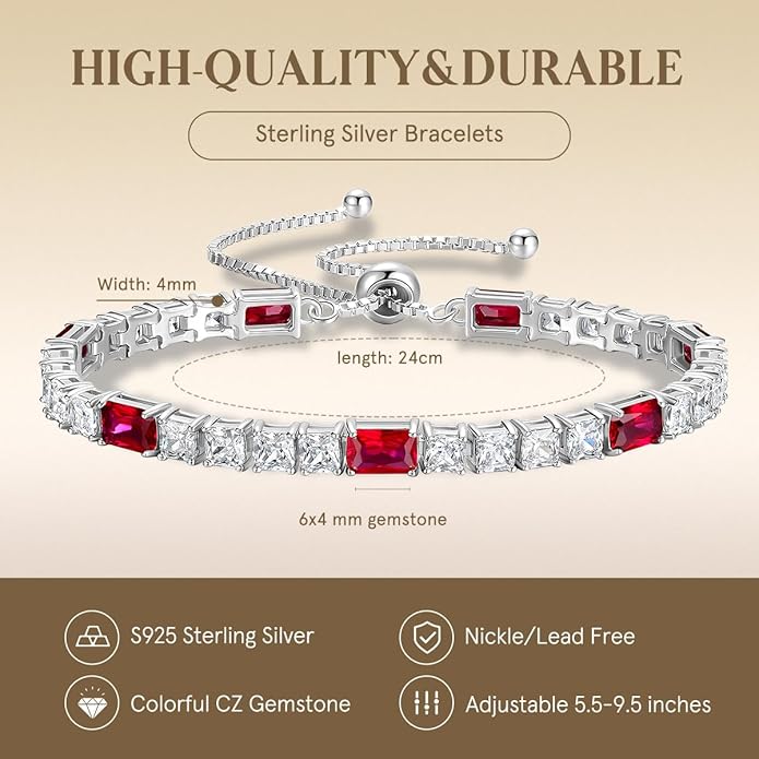 FANCIME Birthstone Bracelet for Women, Sterling Silver 4x6mm Gemstone Tennis Bracelet Bolo Adjustable Chain Fine Jewelry Birthday Gifts for Women Mom Wife Her