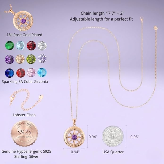 Compass Necklace for Women Wife Girlfriend Mom Daughter Gifts S925 Sterling Silver Jewelry For Anniversary Rose Gold Gifts For Birthday Christmas Mothers Valentines Day 12 Birthstones