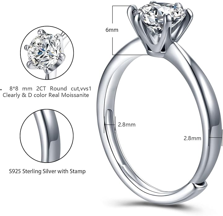 Atylyk 1 Carat Moissanite Adjustable Engagement Ring Wedding Promise 925 Sterling Silver Solitaire Rings for Women