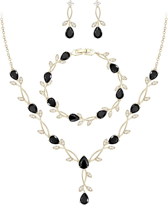 EVER FAITH Bridal Cubic Zirconia Jewelry Sets for Women, White Simulated Pearl Leaf Vine Pendant Wedding Party Necklace Earrings Set for Bridesmaid Bride