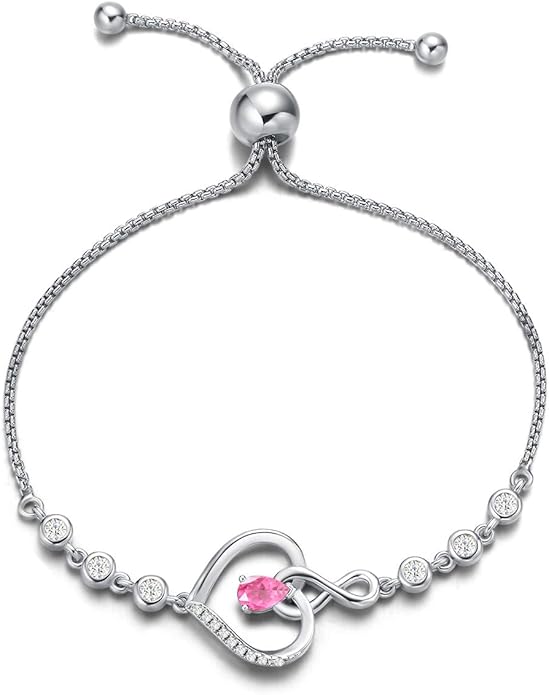 AGVANA Valentines Day Gifts Heart Birthstone Bracelets for Women Sterling Silver Genuine or Created Gemstone Tennis Bracelet Infinity Love Jewelry Anniversary Birthday Gifts for Wife Mom Women