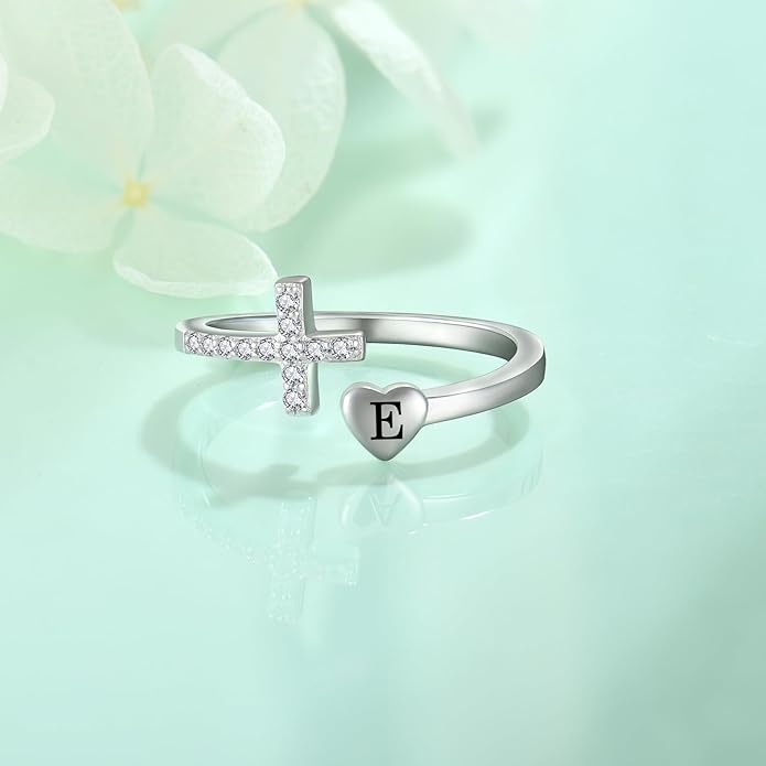 STARCHENIE Cross Initial Ring for Women 925 Sterling Silver Letters A-Z 26 Alphabet Adjustable Ring Size 7