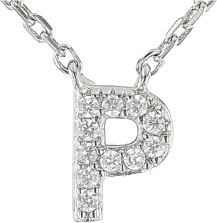 JTV Sterling Silver Initial Necklace for Women, 0.13 CTW White Cubic Zirconia Letter Pendant, Rhodium-Plated, Personalized Monogram Jewelry, Gift Box Included, 18”