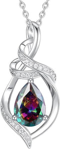 FANCIME Teardrop Gemstone Necklace for Women S925 Sterling Silver Elegant Ribbon Pendent Birthday Gifts for Her, 16"+2" Inches