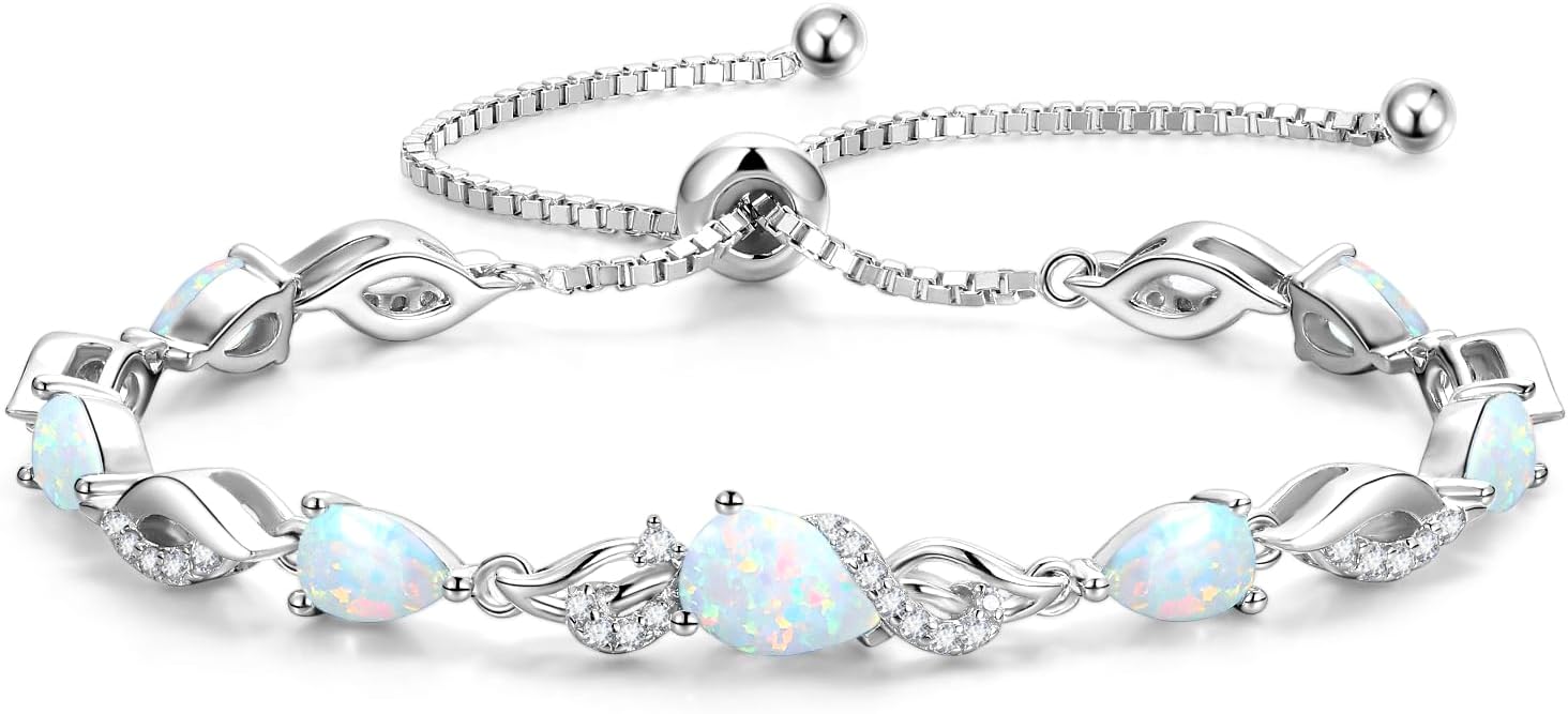 FANCIME Birthstone Teardrop Tennis Bracelet for Women, Sterling Silver 9x7mm main Gemstone Bolo Adjustable Chain Bracelet Fine Jewelry Birthday Gifts for Women Mom Wife Her