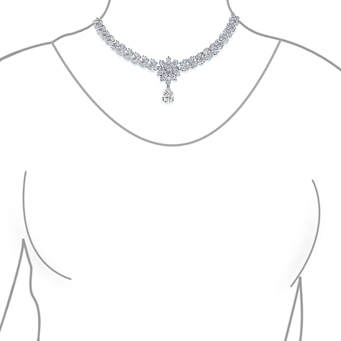 Bridal Jewelry Set Art Deco Vintage Estate Style Cubic Zirconia Marquise Leaf Teardrop AAA CZ Statement Cleavage Choker Necklace & Chandelier Dangle Clip On Or Pierced Earrings For Women Pageant