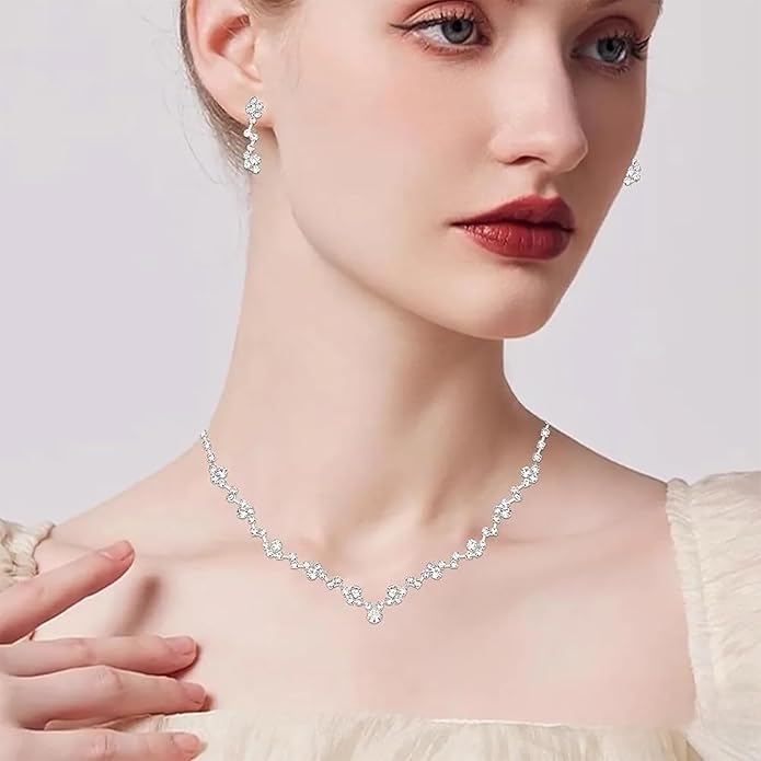 Silver Crystal Bridal Jewelry Set, Teardrop Dangle Earrings Rhinestone Necklace Bracelet for Bride Bridesmaid Crystal Bridal Wedding Party Jewelry Sets