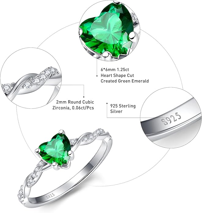 1.25ct Womens Heart Promise Ring, 925 Sterling Silver Heart Cut Created Emerald/Sapphire/Amethyst/Ruby/Cubic Zirconia/Opal Twisted Vine Engagement Ring for Women Size 5-10