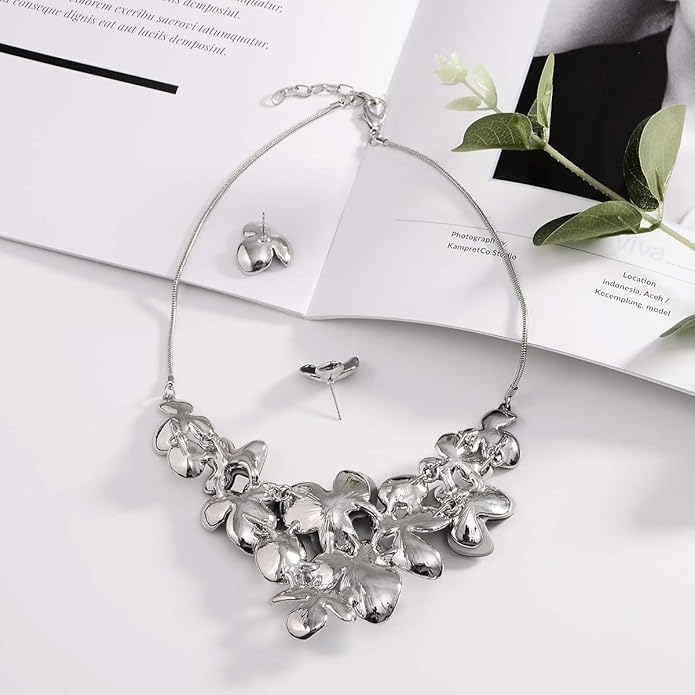 AMYJANE Vintage Statement Jewelry Set - Spring Leaf Flower Floral Plant Necklace Earring Set Crystal Rhinestone Fashion Costume Jewelry for Women Prom Party Unique Gift