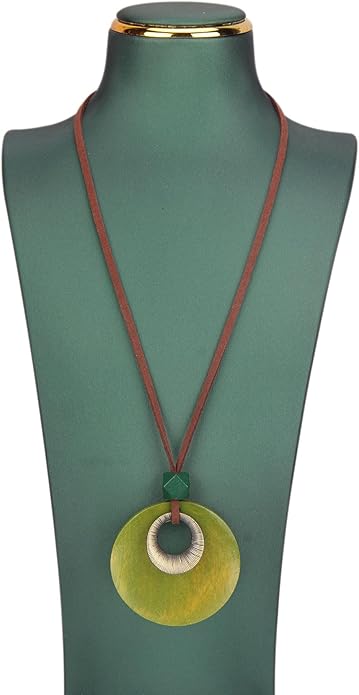 Boho Leather Necklace Women Bohemian Brown Circle Pendant Necklace Choker Long Necklaces for Women Boho Ring Large Pendant