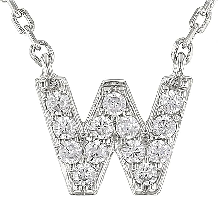 JTV Sterling Silver Initial Necklace for Women, 0.13 CTW White Cubic Zirconia Letter Pendant, Rhodium-Plated, Personalized Monogram Jewelry, Gift Box Included, 18”