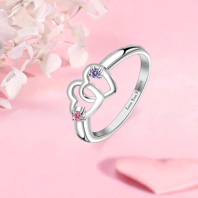 Personalized Heart Birthstone Rings for Women with 2 Birthstones Custom Name Rings for Couple Mother Daughter Jewelry Gift for Mother Her Christmas