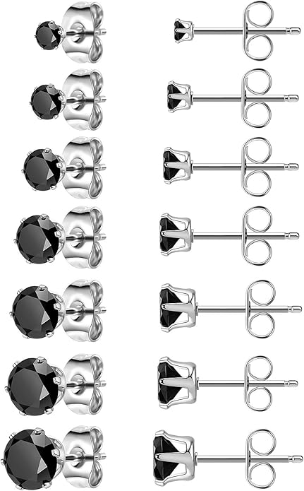 Silver Gold Black Stud Earrings Set 7Pairs Hypoallergenic Cubic Zirconia Titanium Stainless Steel Silver Rose Gold Black CZ Cartilage Stud Earrings Jewelry Sets for Women Men, 2-8mm CZ Stud Earrings