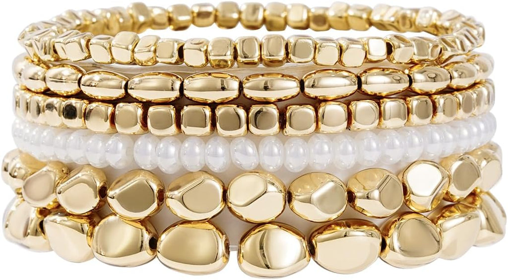 Gold Plated Beaded Bracelets for Women Trendy, 14K Gold Plated Stack Cross Pearl Gold Plated Bead Stretch Bracelets Set Elastic Hypoallergenic Bracelets Jewelry Gifts