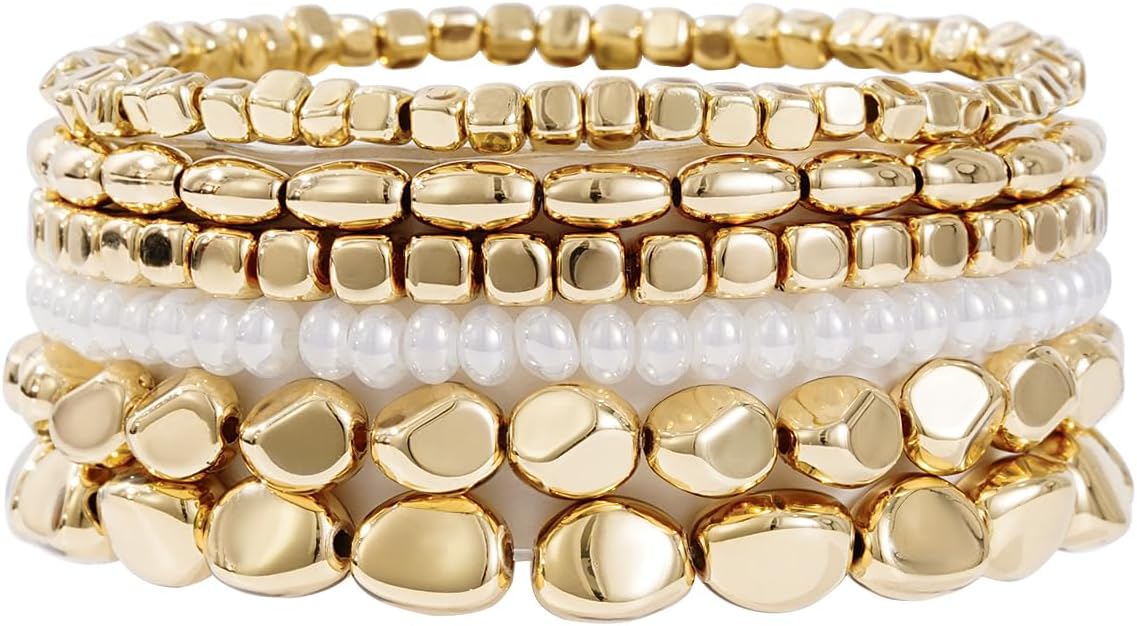Gold Plated Beaded Bracelets for Women Trendy, 14K Gold Plated Stack Cross Pearl Gold Plated Bead Stretch Bracelets Set Elastic Hypoallergenic Bracelets Jewelry Gifts