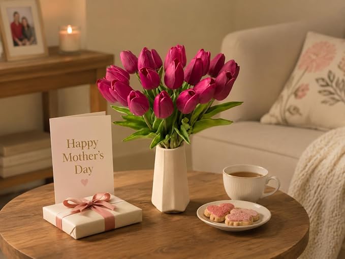 Mandy's 20pcs Artificial Hot Pink Tulips | 13.5 Inch Lifelike PU Tulips Faux - Image 7