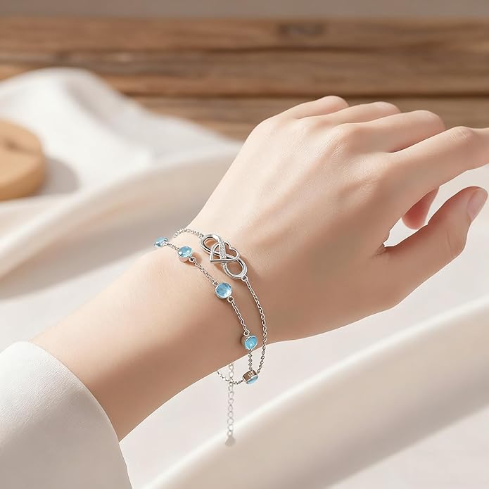 Prismata Infinity Birthstone Charm Link Bracelet 925 Sterling Silver Adjustable 12 Months Birthstone Infinity Bracelet Birthday Jewelry Gifts for Women Mom Her,with 7"+2" chain