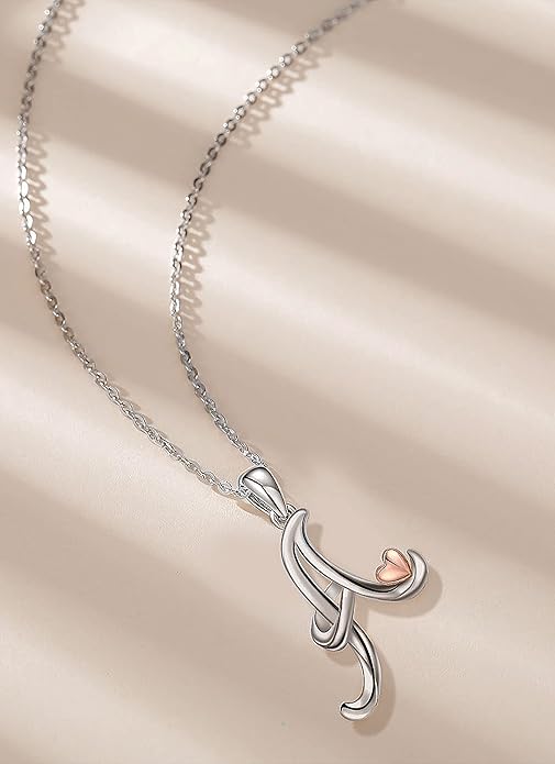 CELESTIA 925 Sterling Silver Initial Necklaces 26 Letter with Rose Gold Heart - 18 Inch Chain