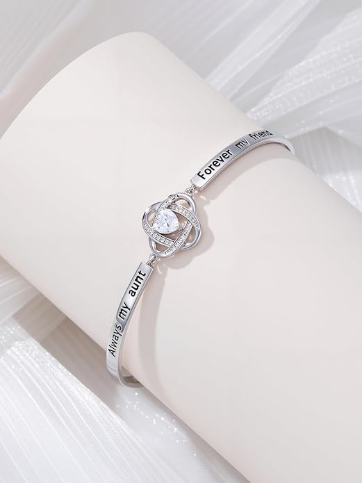 Valentines Day Gifts for Her, 18k White Gold Plated Love Knot Bracelets, Engraved Inspirational and Sentiment Bangle, Anniversary Birthday Jewelry Gift for Lover Wife Girlfriend Sister Friends