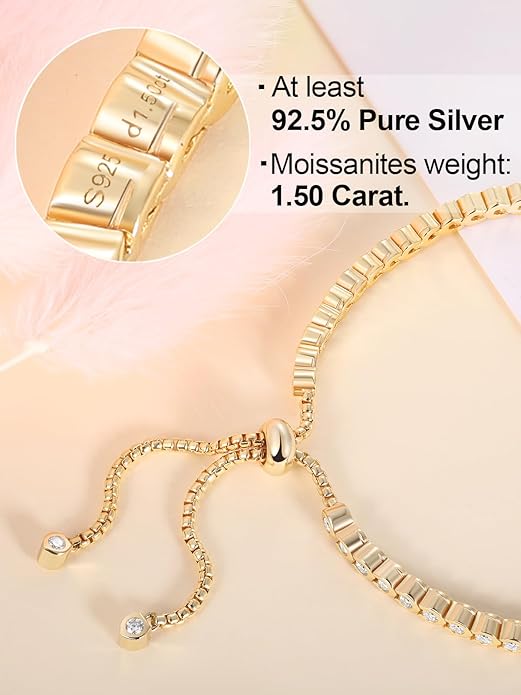 2mm/3mm Moissanite Adjustable Tennis Bracelet for Women, Authentic Solid 925 Sterling Silver, 5.5-7.5inch (14-19cm) with 2cm Extender Chain, Birthday Valentines Wedding Anniversary Ideal Gift for Her