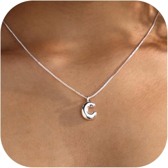 Bubble Gold Silver Letter Necklace Initial Necklaces for Women Trendy 14K Dainty Charm Pendant Name Necklace Personalized Jewelry Gift for Women Teen
