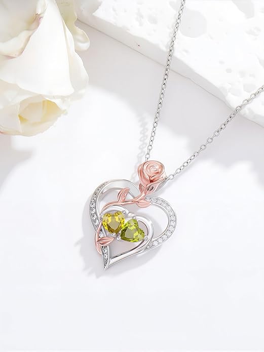 Rose Flower Heart Pendant for Women Birthday Gifts 18k Gold Plated Mother Daughter Necklace with 12 Months Birthstone Christmas Valentines Day Gifts for Her Mom Anniversarry Jewelry for Mom Wife Girlfriend
