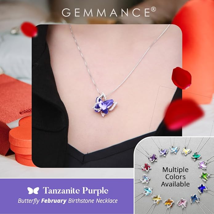 Valentine's Day Gift Butterfly Birthstone Crystal Necklace, Silver Tone with 18”+2” Chain, Necklace for Mother’s Day Anniversary Birthday Gifts for Women and Daughter
