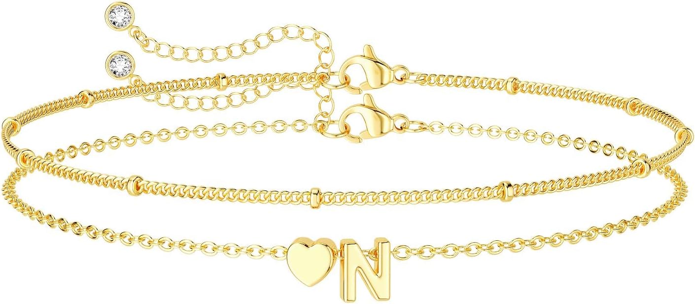DEARMAY Dainty Initial Heart 14K Gold Plated Bracelets for Women Trendy, Letter Charm Bracelet Jewelry Cute Simple Fashion Chain Gift