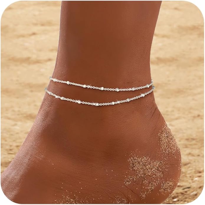 RLMOON Gold Anklets for Women CZ Ankle Bracelet 14K Gold/Silver Plated Waterproof Dainty Layered Tennis Heart Dot Chain Silver Anklets Trendy Foot Jewelry
