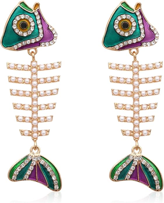 Creative Exaggerated Long Colorful Sparkly Crystal Fish Bone Dangle Drop Earrings Vintage Gold Cute Enamel Diamond Animal metal Stud Earrings