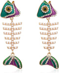Creative Exaggerated Long Colorful Sparkly Crystal Fish Bone Dangle Drop Earrings Vintage Gold Cute Enamel Diamond Animal metal Stud Earrings
