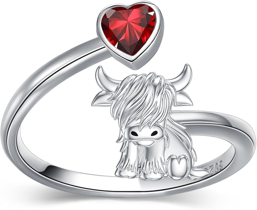 Highland Cow Ring 925 Sterling Silver Adjustable Ring Birthstone Ring Engraved Name Highland Cow Gifts Jewelry for Women