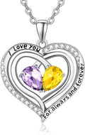 Valentine's Day Gifts for Wife 925 Sterling Silver Double Birthstone Pendant Necklaces I Love You for Always and Forever Necklace Anniversary Birthday Gifts for Wife Girlfriend Mom Her