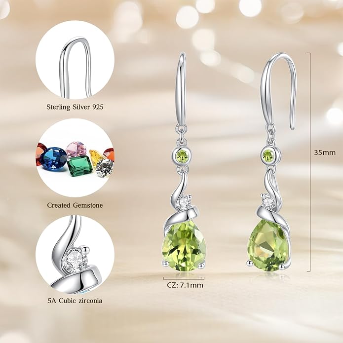 FANCIME Women Drop Earrings 925 Sterling Silver with Pear Gemstone Dangle Birthstone Earring Fine Jewelry Birthday Gifts for Women