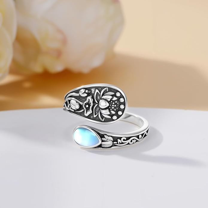 Midari Sun and Moon/Bee/Celtic/Life of Tree/Lotus Spoon Ring for Women 925 Sterling Silver Adjustable Ring Open Ring for Women Men Halloween Birthday Gift