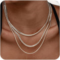 3PCS Gold Necklaces for Women,Chunky Statement Gold Plated Necklace Stack Layered Sterling Silver Herringbone Chains for Women Dainty Trendy Silver Chains Stacked Jewelry Gifts