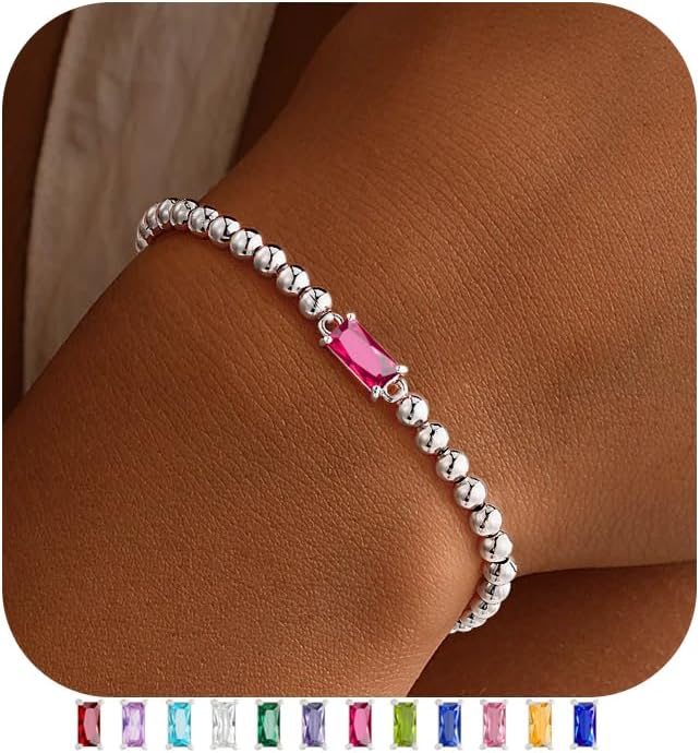 Yoosteel Valentines Gifts for Her Kids Girls - Valentines Day Bracelets Dainty Birthstone Bracelet for Women Elastic 14K-Gold-Plated Bead Bracelets Trendy Friendship Birthday Jewelry Gift for Teenage Girl Women