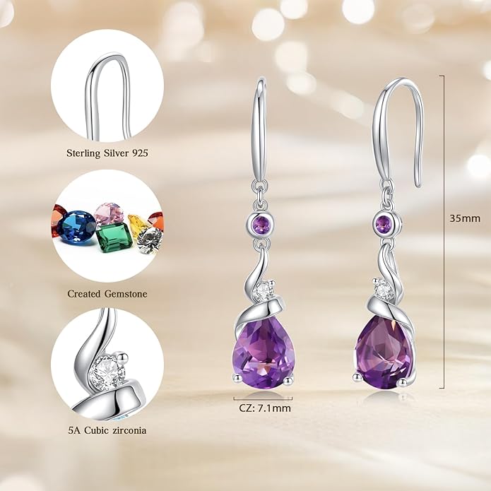 FANCIME Women Drop Earrings 925 Sterling Silver with Pear Gemstone Dangle Birthstone Earring Fine Jewelry Birthday Gifts for Women