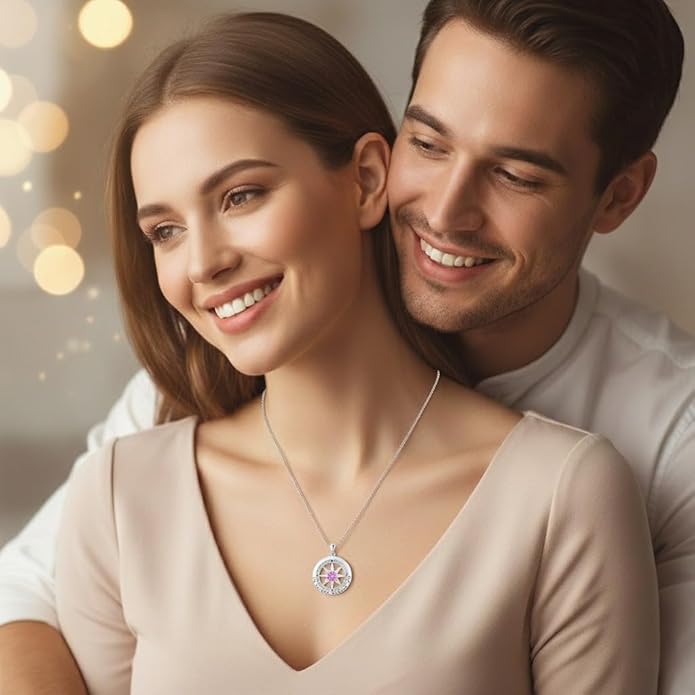 Compass Necklace for Women Wife Girlfriend Mom Daughter Gifts S925 Sterling Silver Jewelry For Anniversary Rose Gold Gifts For Birthday Christmas Mothers Valentines Day 12 Birthstones