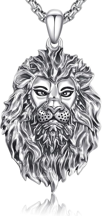 Cuoka Lion Necklace for Men Women S925 Sterling Silver King Retro Punk Gothic Hip Hop Rock Animal Lion Head Pendant Charm Jewelry Chain Necklace Viking Protection Amulet Necklaces